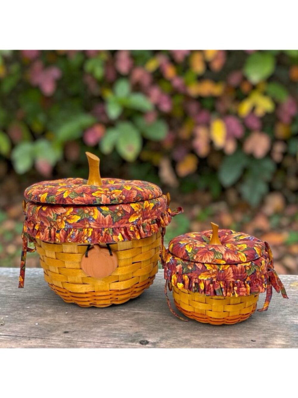 Longaberger Pumpkin Baskets Lot of 2 1995 1997 Lids Liners Protectors Tie-Ons